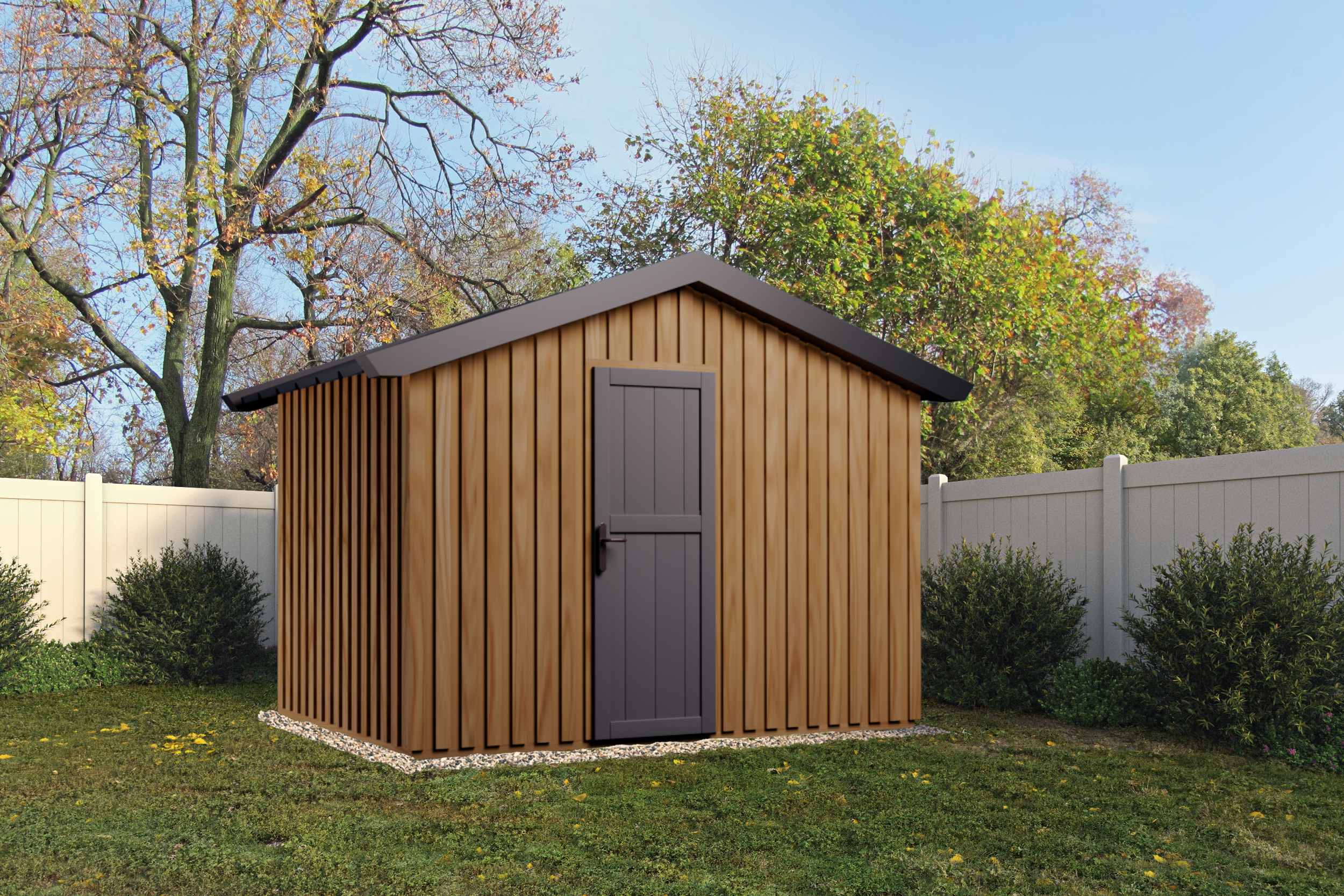 Gondozásmentes nyeregtetős faház vörösfenyőből (függőleges borítás)